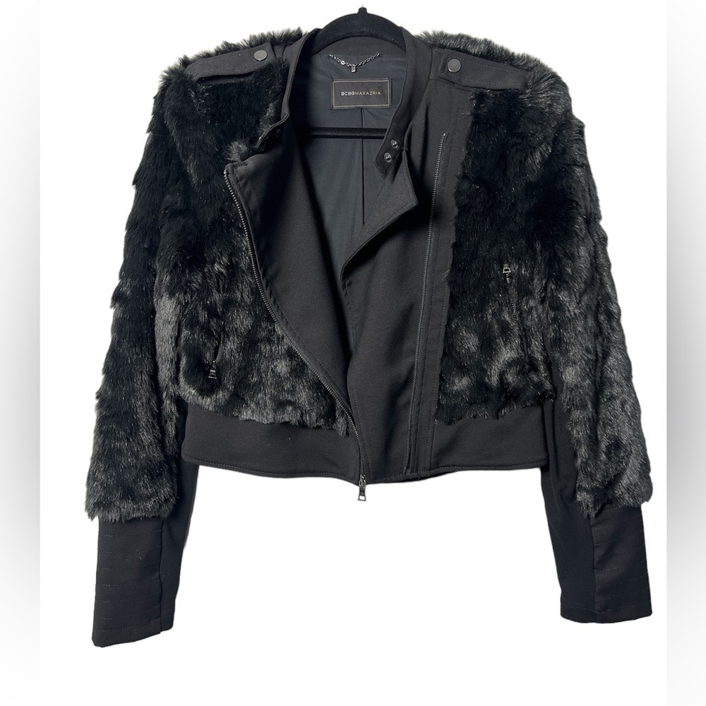 BCBG MAX AZRIA Breton Faux Fur/Leather Jacket Asymmetrical Zip, Moto Style
